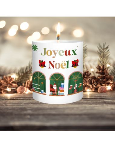 Bougie Ronde Parfumée " Joyeux Noël " - Dimensions : 8 x 8 x 9,5 cm