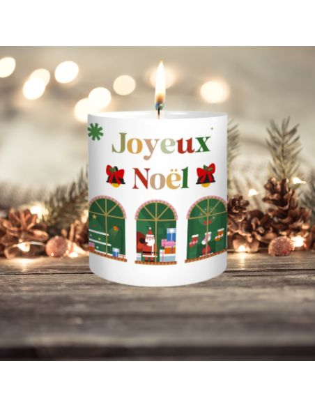 Bougie Ronde Parfumée " Joyeux Noël " - Dimensions : 8 x 8 x 9,5 cm