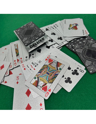 Pack de 2 Jeux de 54 Cartes Deluxe Argentées et Dorées Imperméables + Tapis pour Jeux de Cartes