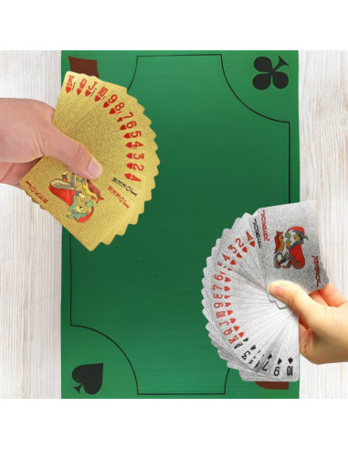 Pack de 2 Jeux de 54 Cartes Deluxe Argentées et Dorées Imperméables + Tapis pour Jeux de Cartes