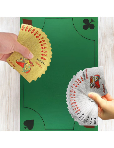 Pack de 2 Jeux de 54 Cartes Deluxe Argentées et Dorées Imperméables + Tapis pour Jeux de Cartes