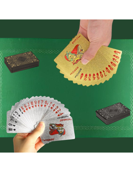 Pack de 2 Jeux de 54 Cartes Deluxe Argentées et Dorées Imperméables + Tapis pour Jeux de Cartes