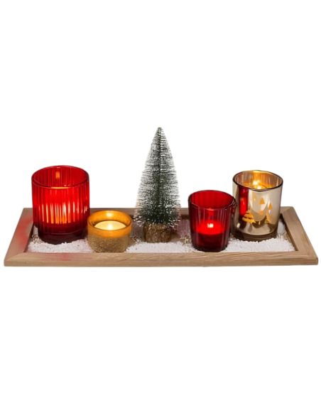 Plateau de photophores de Noêl - 4 verres déco + plateau en bois + petit sapin artificiel