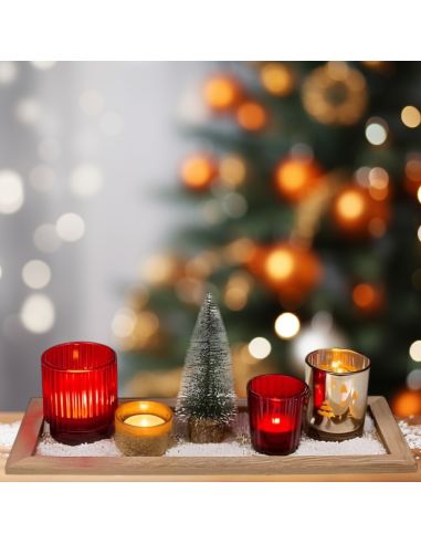 Plateau de photophores de Noêl - 4 verres déco + plateau en bois + petit sapin artificiel