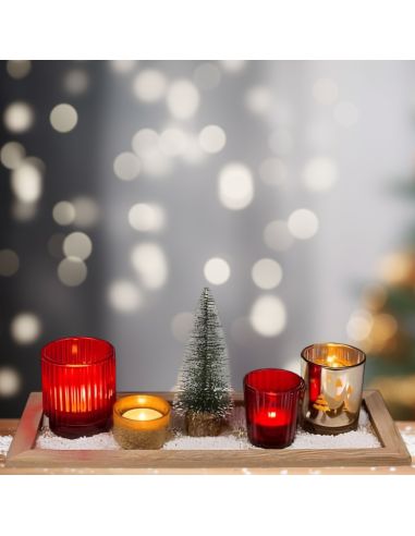 Plateau de photophores de Noêl - 4 verres déco + plateau en bois + petit sapin artificiel
