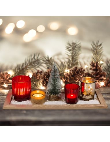 Plateau de photophores de Noêl - 4 verres déco + plateau en bois + petit sapin artificiel