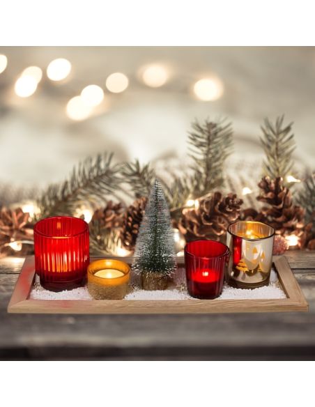 Plateau de photophores de Noêl - 4 verres déco + plateau en bois + petit sapin artificiel