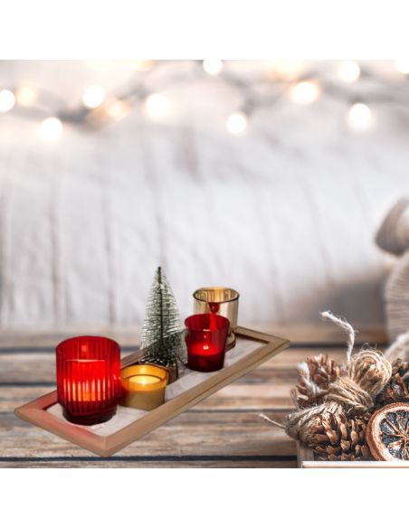 Plateau de photophores de Noêl - 4 verres déco + plateau en bois + petit sapin artificiel