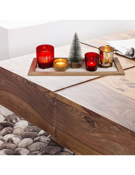 Plateau de photophores de Noêl - 4 verres déco + plateau en bois + petit sapin artificiel