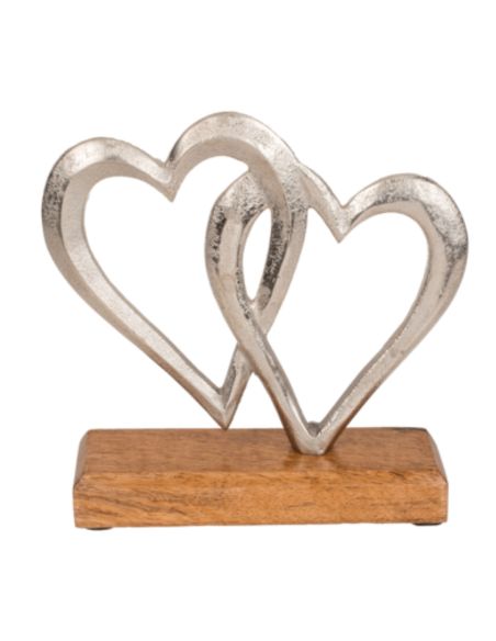 Coeurs doubles argenté en métal, sur socle en bois, env. 17 x 5 x 17 cm