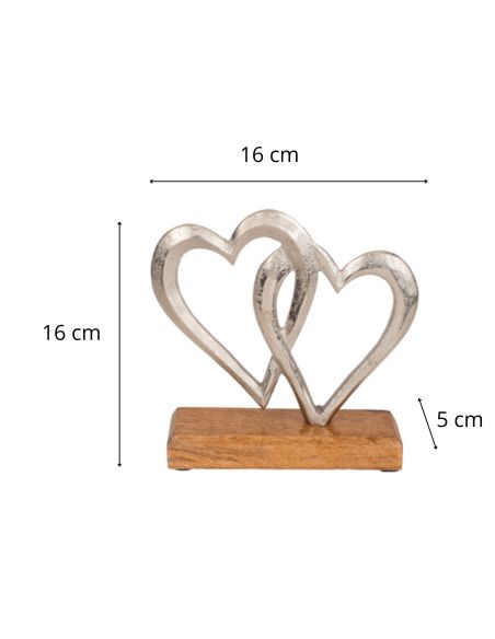 Coeurs doubles argenté en métal, sur socle en bois, env. 17 x 5 x 17 cm