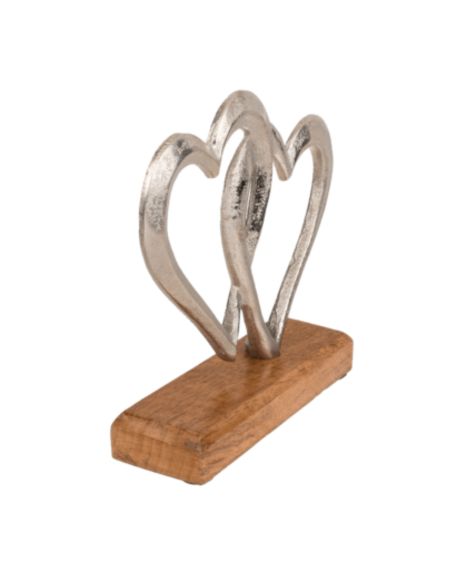 Coeurs doubles argenté en métal, sur socle en bois, env. 17 x 5 x 17 cm