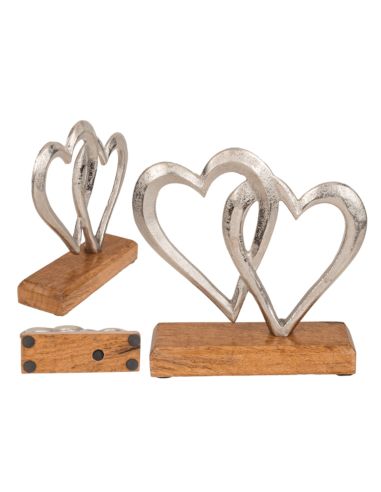 Coeurs doubles argenté en métal, sur socle en bois, env. 17 x 5 x 17 cm