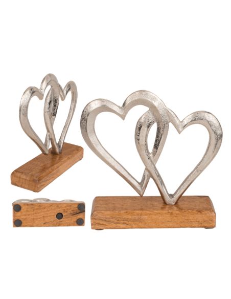 Coeurs doubles argenté en métal, sur socle en bois, env. 17 x 5 x 17 cm