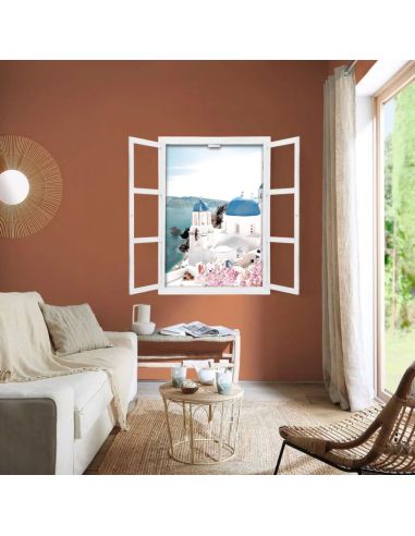 Fenêtre Décorative en Trompe Vue Sur l'ile de Santorin - 56,2 x 2 x 78,5 cm