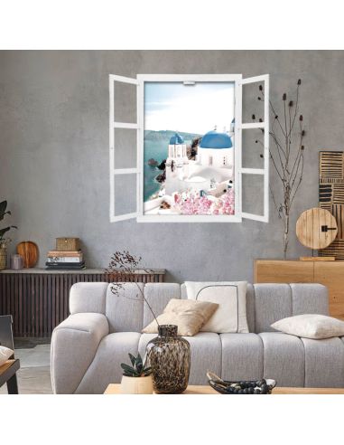 Fenêtre Décorative en Trompe Vue Sur l'ile de Santorin - 56,2 x 2 x 78,5 cm