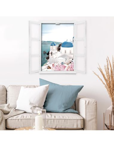 Fenêtre Décorative en Trompe Vue Sur l'ile de Santorin - 56,2 x 2 x 78,5 cm