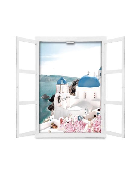 Fenêtre Décorative en Trompe Vue Sur l'ile de Santorin - 56,2 x 2 x 78,5 cm