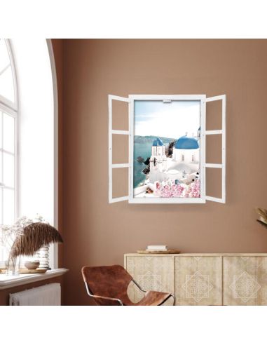 Fenêtre Décorative en Trompe Vue Sur l'ile de Santorin - 56,2 x 2 x 78,5 cm