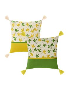 Lot de  2 Coussins avec Pompons Motif Végétal Déhoussable Style 1 - Dimensions : 45 x 45 cm
