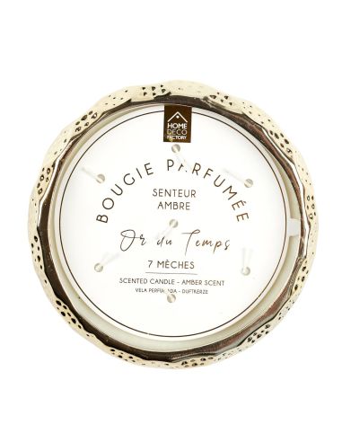 Bougie Parfumée 7 Mèches Céramique Dorée - Senteur Ambre - Dimensions : 20 x 5cm