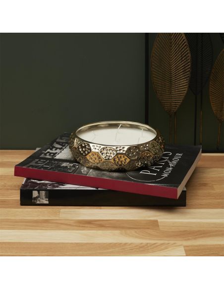 Bougie Parfumée 7 Mèches Céramique Dorée - Senteur Ambre - Dimensions : 20 x 5cm