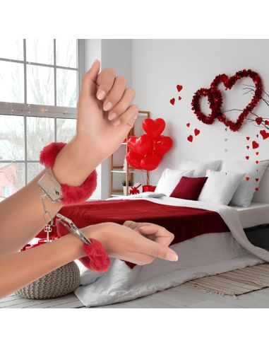 Menottes avec Fourrure Rouge Saint Valentin - Dimensions : 20 x 6 x 2 cm