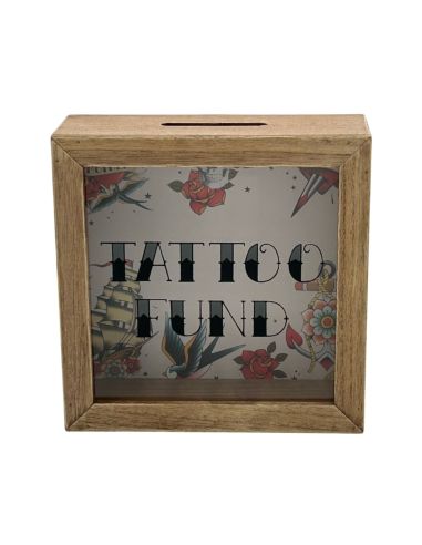 Tirelire en Bois et Verre " Tattoo Fund " - Dimensions : 18 x 18 x 7 cm - Disponible en 2 Modèles