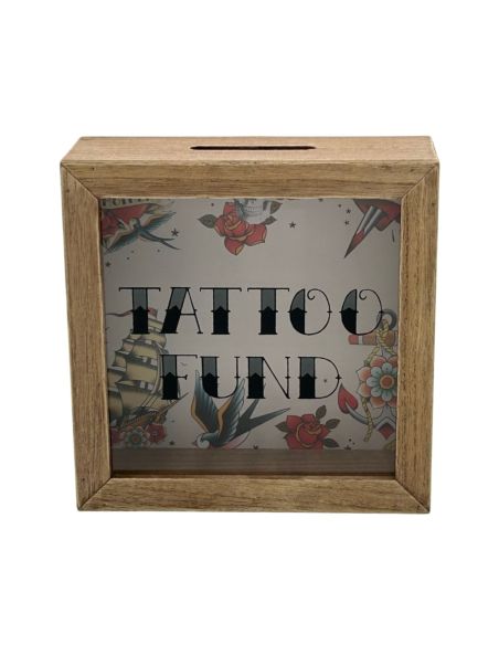 Tirelire en Bois et Verre " Tattoo Fund " - Dimensions : 18 x 18 x 7 cm - Disponible en 2 Modèles