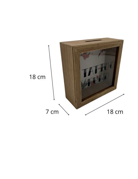 Tirelire en Bois et Verre " Tattoo Fund " - Dimensions : 18 x 18 x 7 cm - Disponible en 2 Modèles