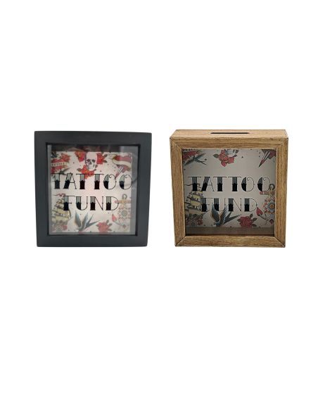 Tirelire en Bois et Verre " Tattoo Fund " - Dimensions : 18 x 18 x 7 cm - Disponible en 2 Modèles