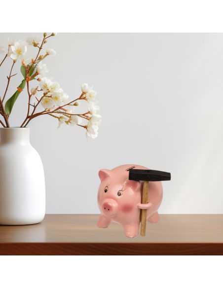 Tirelire Cochon Rose avec Marteau - Dimensions : 12,5 x 10,5 x 9,5 cm