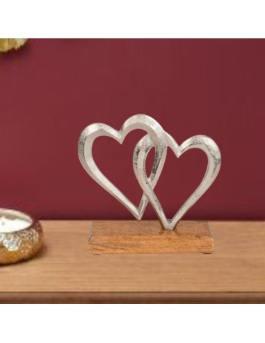 Décoration à Poser Coeurs Doubles Argenté en Métal sur Socle en Bois - Dimensions : 16 x 5 x 16 cm