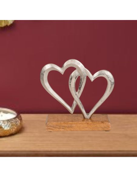 Décoration à Poser Coeurs Doubles Argenté en Métal sur Socle en Bois - Dimensions : 16 x 5 x 16 cm