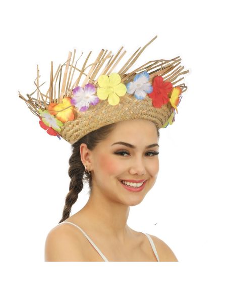 Chapeau De Paille Hawaïen - Avec Fleurs Tissu - Adulte