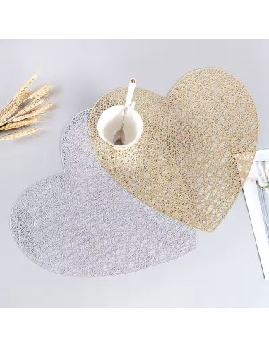 2 Sets de Table Saint Valentin Coeur Argenté et Doré - Dimensions : 38 x 39 cm