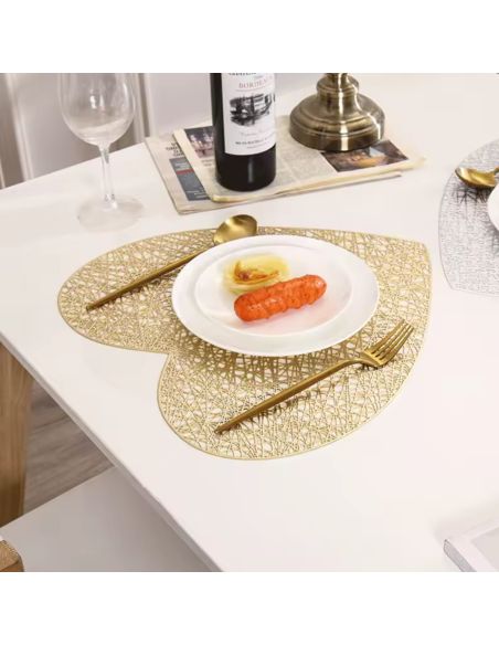 2 Sets de Table Saint Valentin Coeur Argenté et Doré - Dimensions : 38 x 39 cm