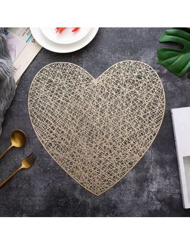 2 Sets de Table Saint Valentin Coeur Argenté et Doré - Dimensions : 38 x 39 cm