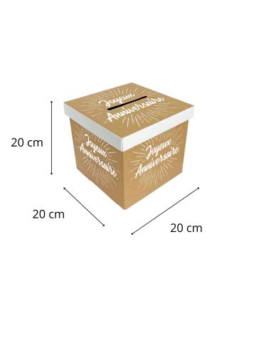 Urne "Joyeux Anniversaire" Couleur Kraft et Blanc - Dimensions : 20 x 20 x 20 cm