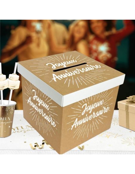 Urne "Joyeux Anniversaire" Couleur Kraft et Blanc - Dimensions : 20 x 20 x 20 cm