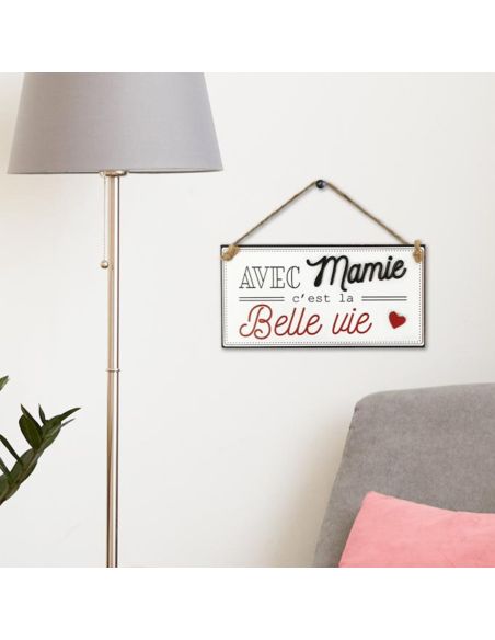 Plaque à Murale en Bois à Suspendre "Avec Mamie c'est la Belle Vie"