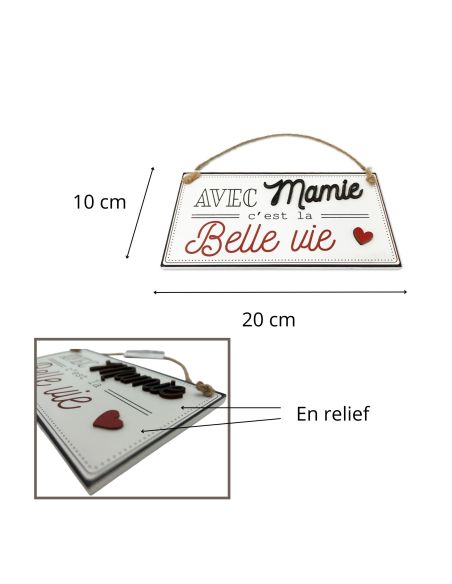 Plaque à Murale en Bois à Suspendre "Avec Mamie c'est la Belle Vie"