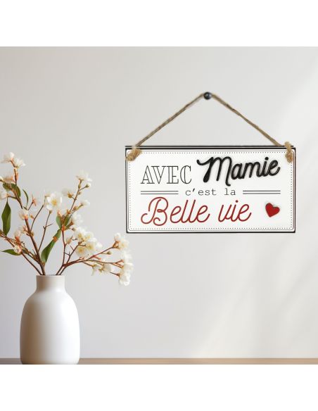 Plaque à Murale en Bois à Suspendre "Avec Mamie c'est la Belle Vie"