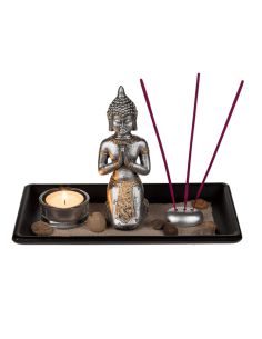 Plateau en bois noir, env. 22 x 14 cm, avec Bouddha en polyrésine, bougoirs chauffe-plats en verre, 3 batônnets d'encens, pierre