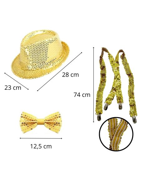 Set Disco à Sequins - Chapeau Borsalino, Nœud Papillon et Bretelles - Couleurs : Or
