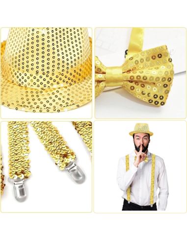 Set Disco à Sequins - Chapeau Borsalino, Nœud Papillon et Bretelles - Couleurs : Or