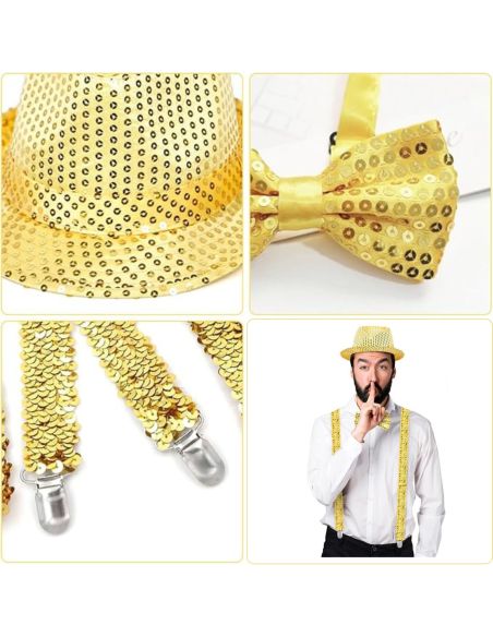 Set Disco à Sequins - Chapeau Borsalino, Nœud Papillon et Bretelles - Couleurs : Or