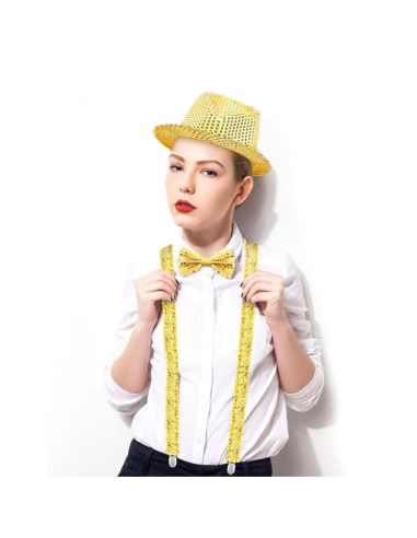 Set Disco à Sequins - Chapeau Borsalino, Nœud Papillon et Bretelles - Couleurs : Or