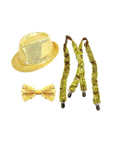 Set Disco à Sequins - Chapeau Borsalino, Nœud Papillon et Bretelles - Couleurs : Or
