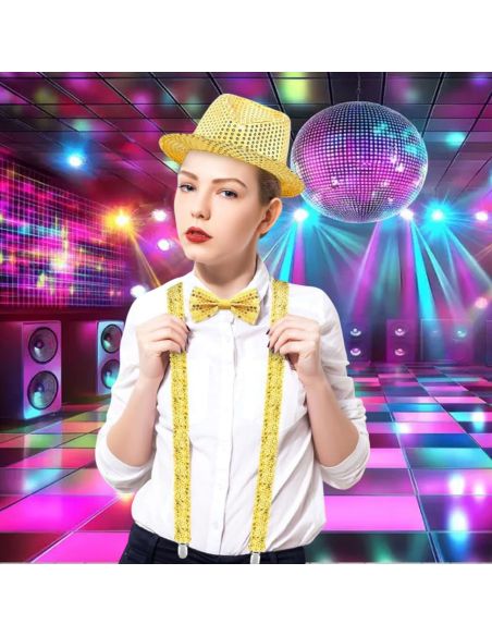 Set Disco à Sequins - Chapeau Borsalino, Nœud Papillon et Bretelles - Couleurs : Or
